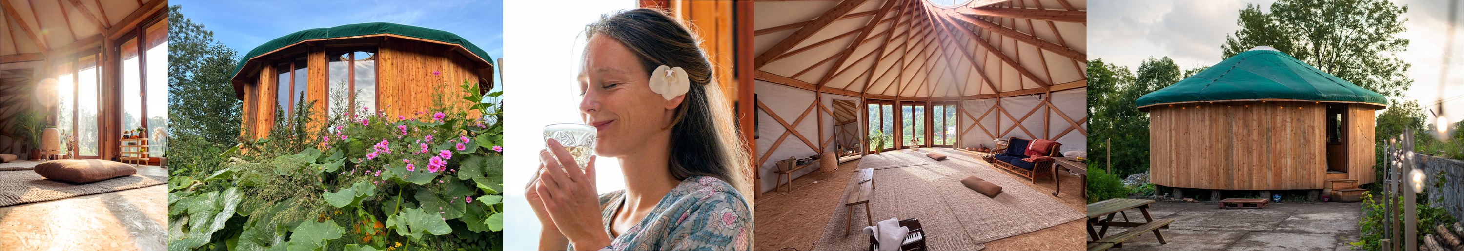 Original Premashala photo strip with yurt interior, garden, tea, and exterior views