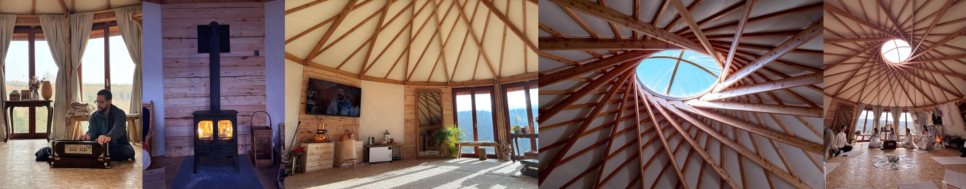 Premashala kirtan, stove, roof, and retreat photo strip